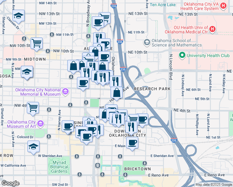 map of restaurants, bars, coffee shops, grocery stores, and more near 621 North Oklahoma Avenue in Oklahoma City