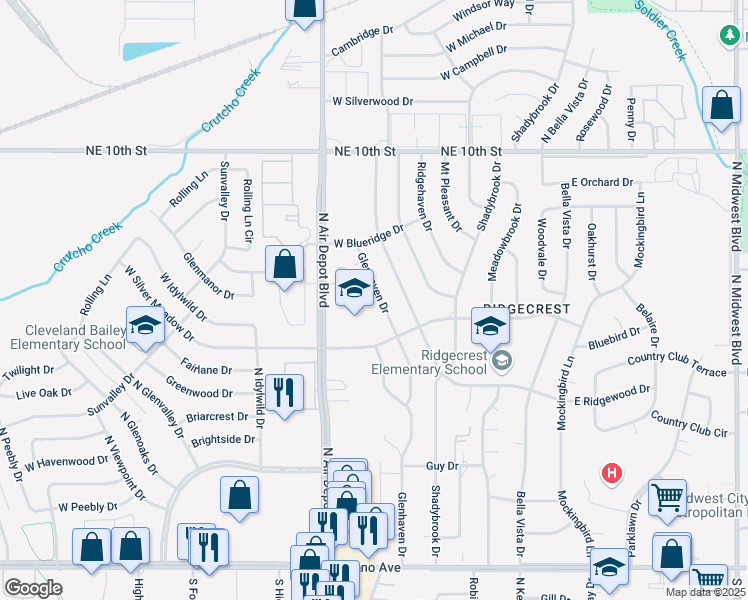 map of restaurants, bars, coffee shops, grocery stores, and more near 3405 Glenhaven Drive in Midwest City