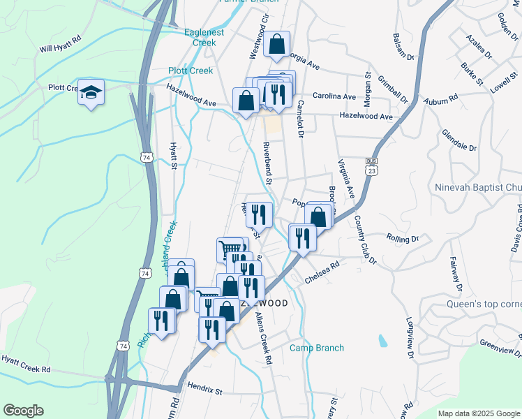 map of restaurants, bars, coffee shops, grocery stores, and more near 56 Leaf Lane in Waynesville
