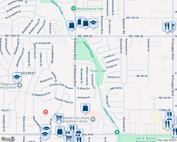 map of restaurants, bars, coffee shops, grocery stores, and more near 3500 Willow Creek Drive in Midwest City