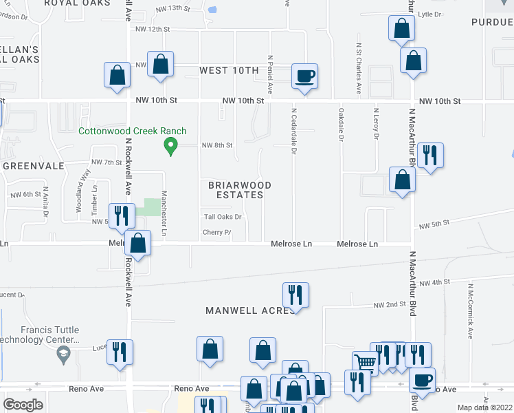 map of restaurants, bars, coffee shops, grocery stores, and more near 609 N Peniel St in Oklahoma City