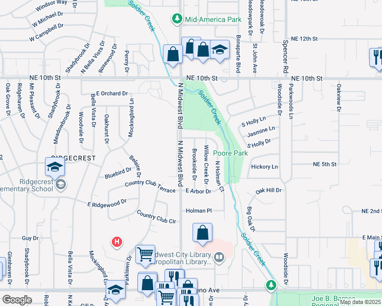 map of restaurants, bars, coffee shops, grocery stores, and more near 3501 Brookside Drive in Midwest City