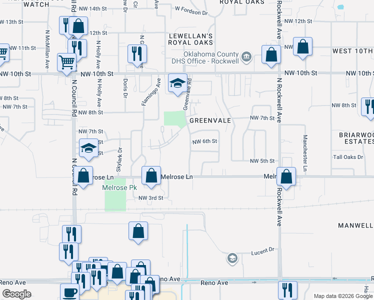 map of restaurants, bars, coffee shops, grocery stores, and more near 600 Greenvale Road in Oklahoma City
