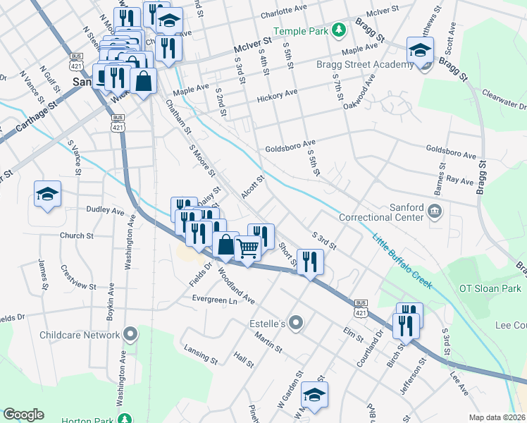 map of restaurants, bars, coffee shops, grocery stores, and more near 801 Chatham Street in Sanford