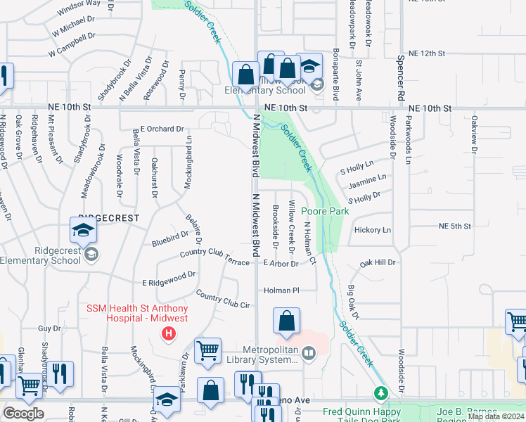 map of restaurants, bars, coffee shops, grocery stores, and more near 800 North Midwest Boulevard in Oklahoma City