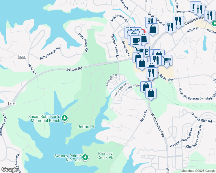 map of restaurants, bars, coffee shops, grocery stores, and more near 19424 Makayla Lane in Cornelius