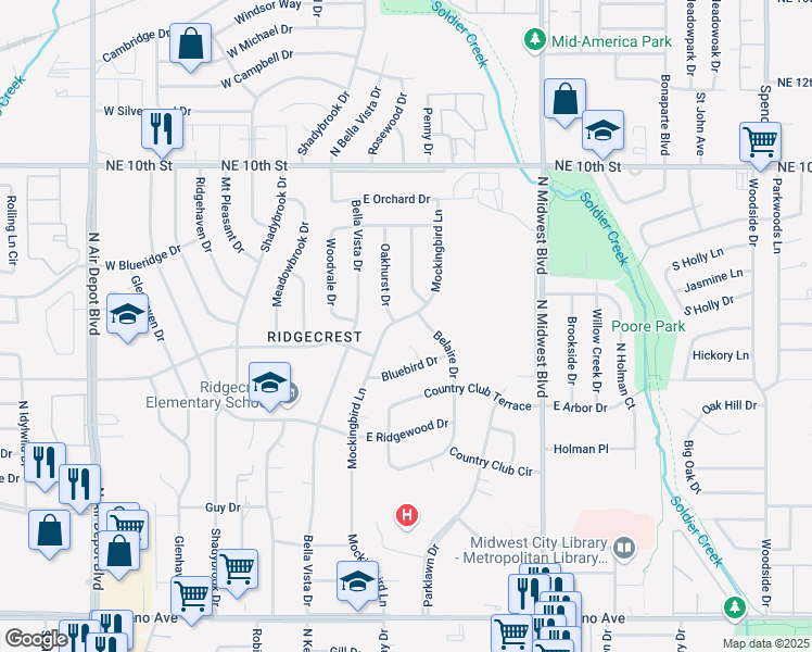 map of restaurants, bars, coffee shops, grocery stores, and more near 3403 Belaire Drive in Midwest City