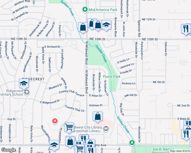 map of restaurants, bars, coffee shops, grocery stores, and more near 3501 Brookside Drive in Midwest City