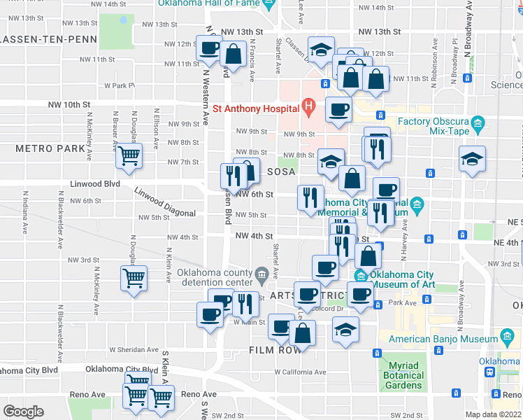 map of restaurants, bars, coffee shops, grocery stores, and more near 821 Northwest 5th Street in Oklahoma City