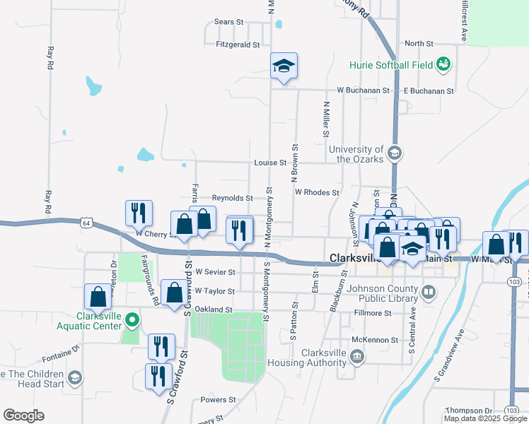 map of restaurants, bars, coffee shops, grocery stores, and more near 305 North Montgomery Street in Clarksville