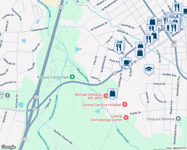 map of restaurants, bars, coffee shops, grocery stores, and more near 952 Arbor Lane in Sanford