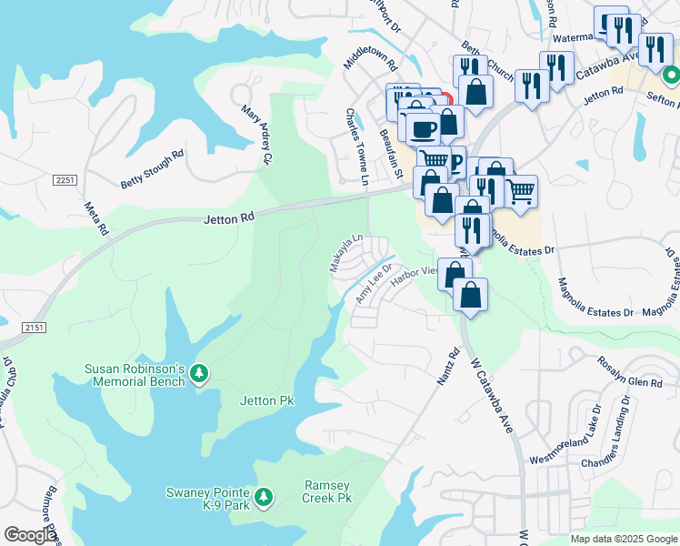 map of restaurants, bars, coffee shops, grocery stores, and more near 19424 Makayla Lane in Cornelius