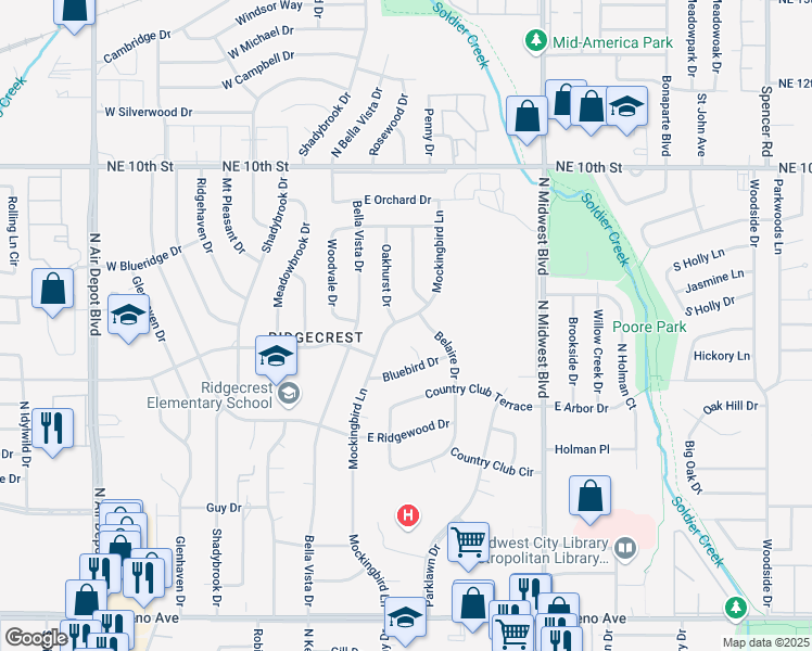 map of restaurants, bars, coffee shops, grocery stores, and more near 3403 Belaire Drive in Midwest City