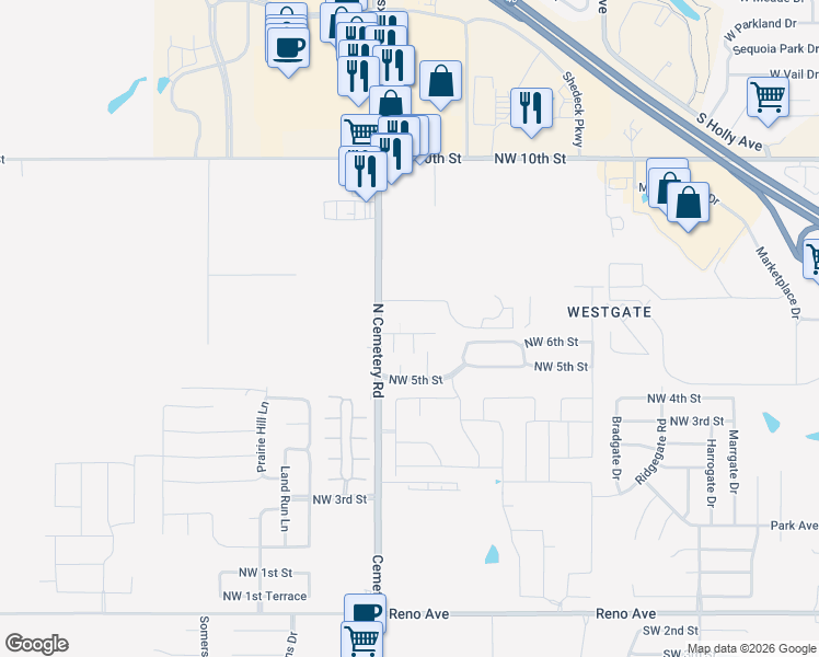 map of restaurants, bars, coffee shops, grocery stores, and more near 609 Celtic Circle in Yukon