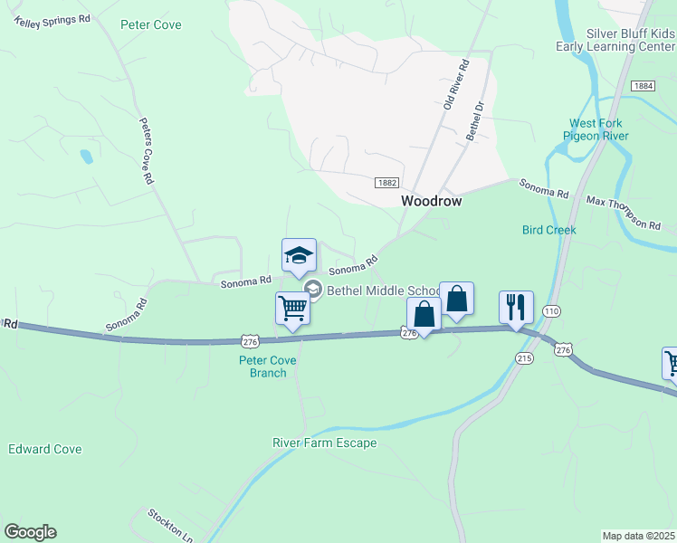 map of restaurants, bars, coffee shops, grocery stores, and more near 730 Sonoma Road in Waynesville