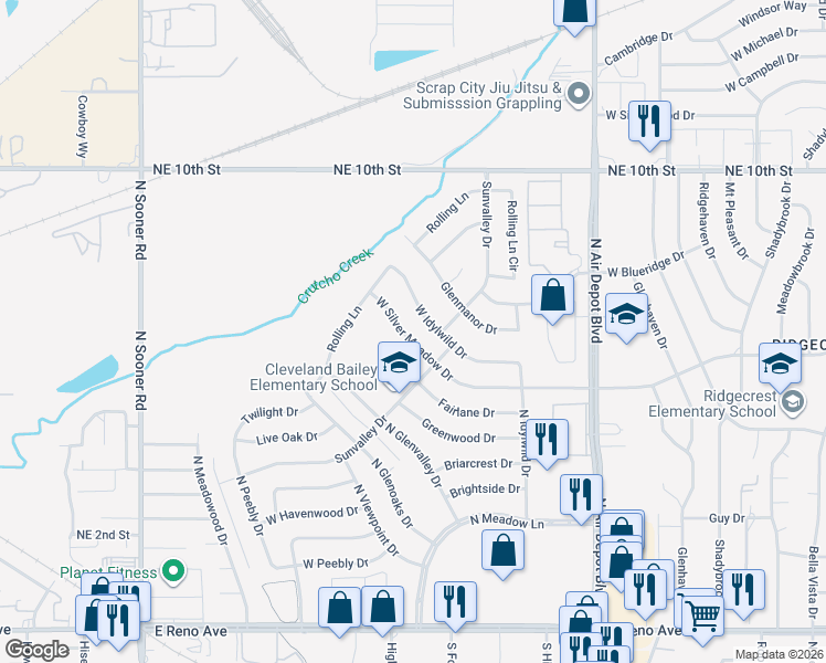 map of restaurants, bars, coffee shops, grocery stores, and more near 920 West Idylwild Drive in Midwest City
