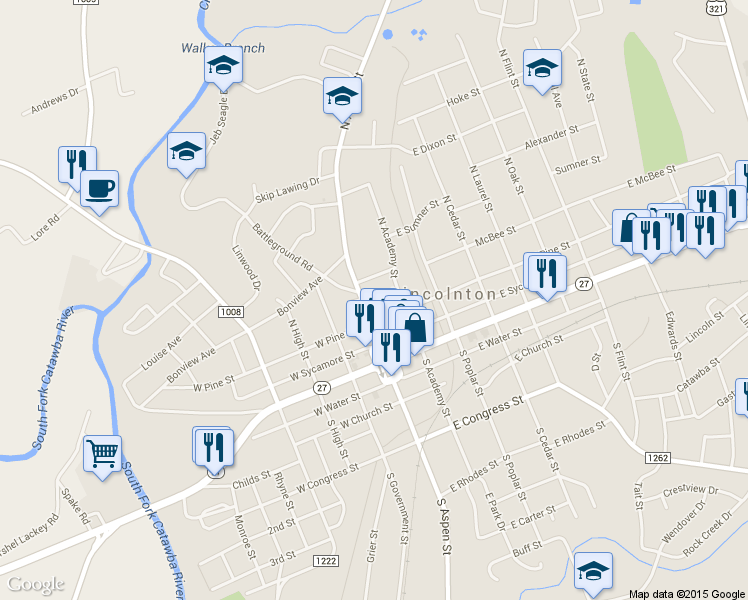 map of restaurants, bars, coffee shops, grocery stores, and more near 320 North Aspen Street in Lincolnton