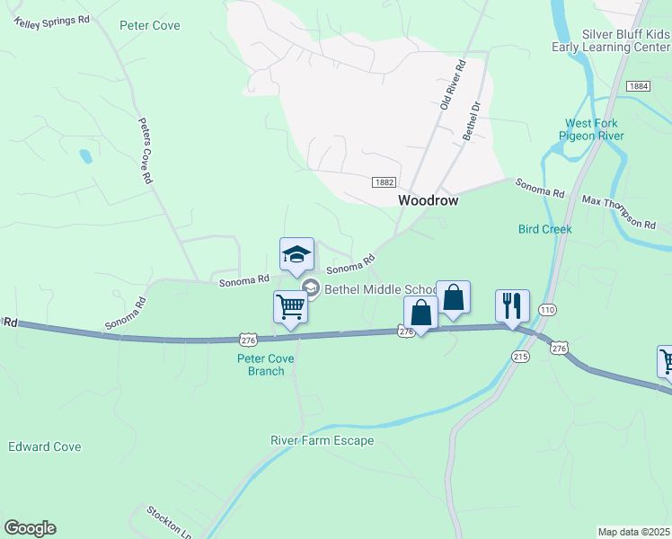 map of restaurants, bars, coffee shops, grocery stores, and more near 730 Sonoma Road in Waynesville