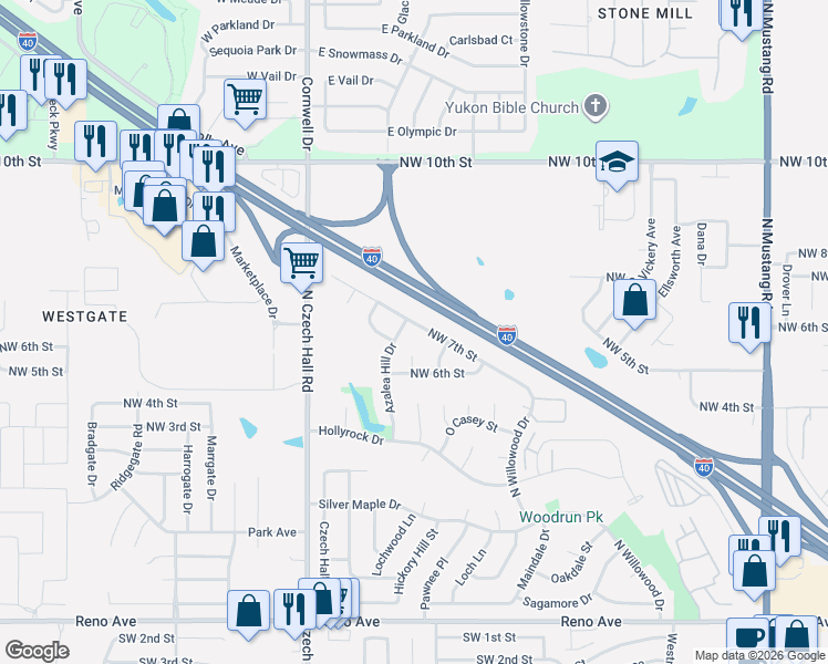 map of restaurants, bars, coffee shops, grocery stores, and more near 11920 NW 7th St in Yukon