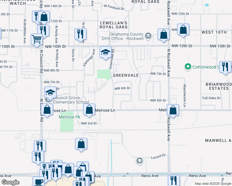 map of restaurants, bars, coffee shops, grocery stores, and more near 600 Greenvale Road in Oklahoma City