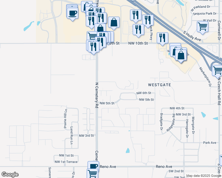 map of restaurants, bars, coffee shops, grocery stores, and more near 625 Shamrock Circle in Yukon
