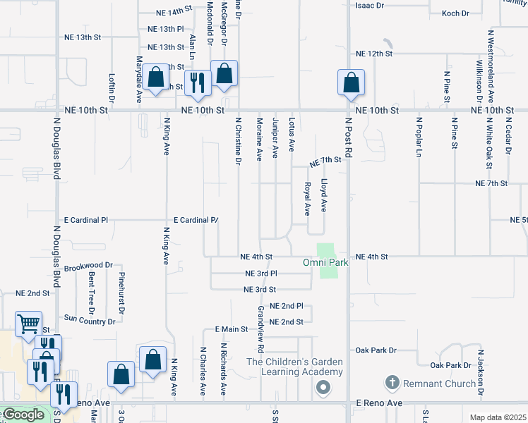 map of restaurants, bars, coffee shops, grocery stores, and more near 628 Moraine Avenue in Midwest City