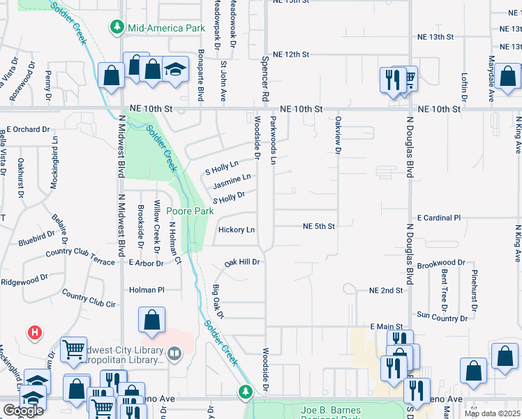 map of restaurants, bars, coffee shops, grocery stores, and more near 3600 Woodside Drive in Midwest City