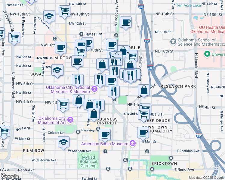 map of restaurants, bars, coffee shops, grocery stores, and more near 617 North Broadway Avenue in Oklahoma City