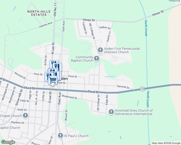map of restaurants, bars, coffee shops, grocery stores, and more near 605 Cannon St in Ayden