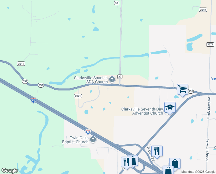 map of restaurants, bars, coffee shops, grocery stores, and more near 11537 Arkansas 352 in Clarksville