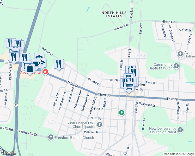 map of restaurants, bars, coffee shops, grocery stores, and more near 322 Cottonfield Ct in Ayden
