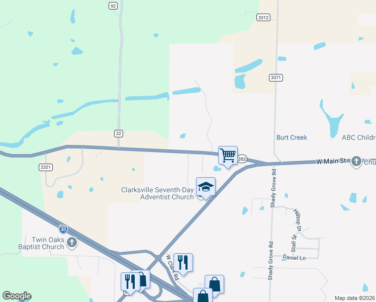 map of restaurants, bars, coffee shops, grocery stores, and more near 1194 Arkansas 352 in Clarksville