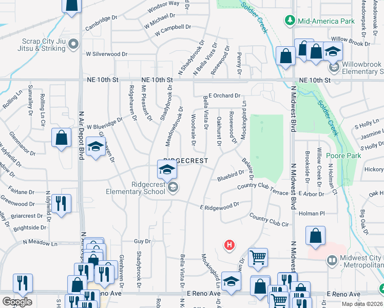 map of restaurants, bars, coffee shops, grocery stores, and more near 3405 Woodvale Drive in Midwest City