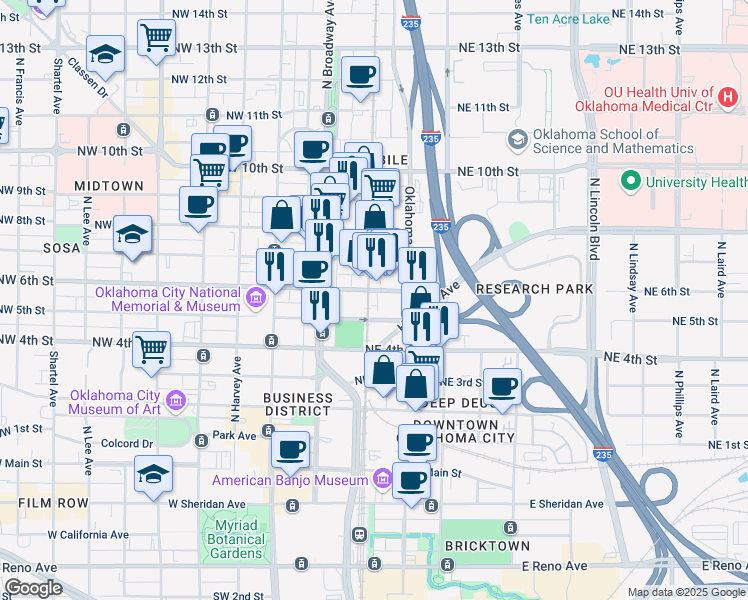 map of restaurants, bars, coffee shops, grocery stores, and more near 6 Northeast 6th Street in Oklahoma City