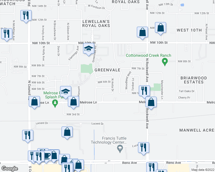 map of restaurants, bars, coffee shops, grocery stores, and more near 7413 Northwest 5th Terrace in Oklahoma City