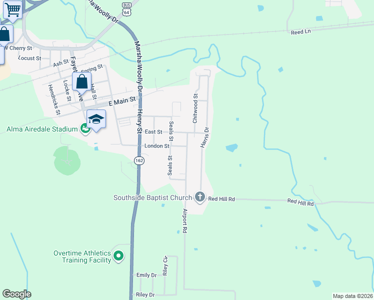 map of restaurants, bars, coffee shops, grocery stores, and more near 1210 Airport Road in Alma