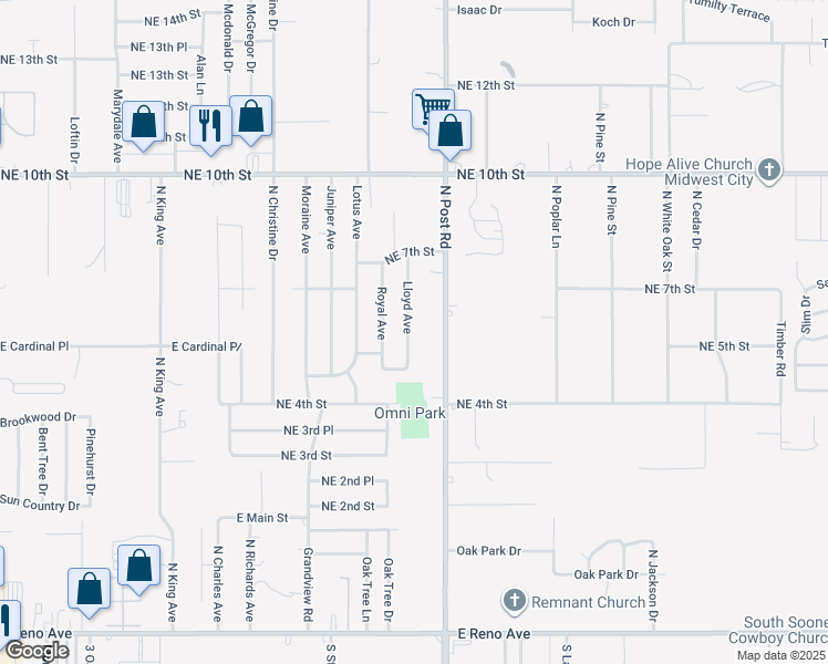 map of restaurants, bars, coffee shops, grocery stores, and more near 628 Lloyd Avenue in Midwest City