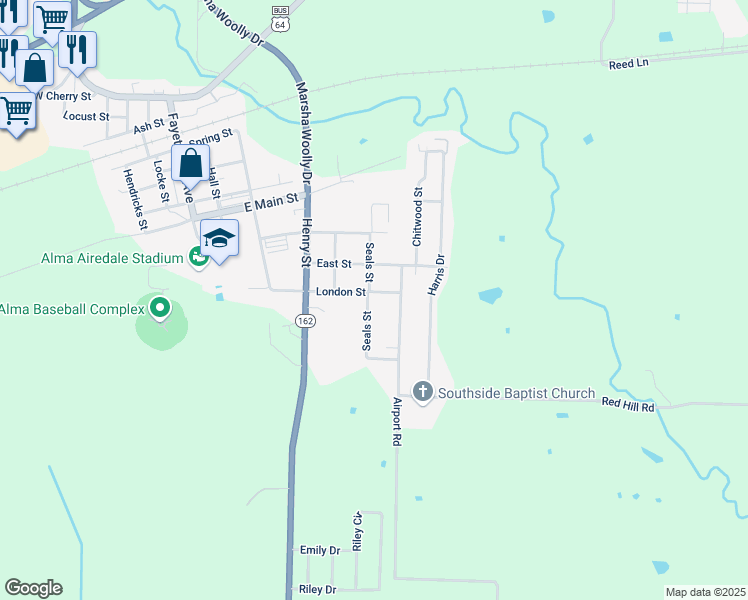 map of restaurants, bars, coffee shops, grocery stores, and more near 501 London Street in Alma