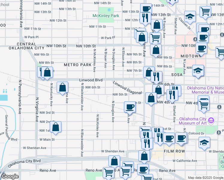 map of restaurants, bars, coffee shops, grocery stores, and more near 615 North Douglas Avenue in Oklahoma City