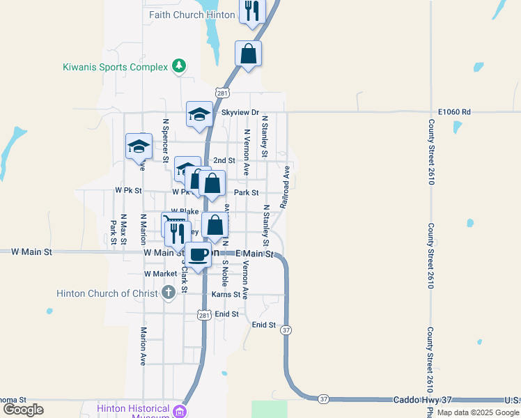 map of restaurants, bars, coffee shops, grocery stores, and more near 324 Blake Street in Hinton