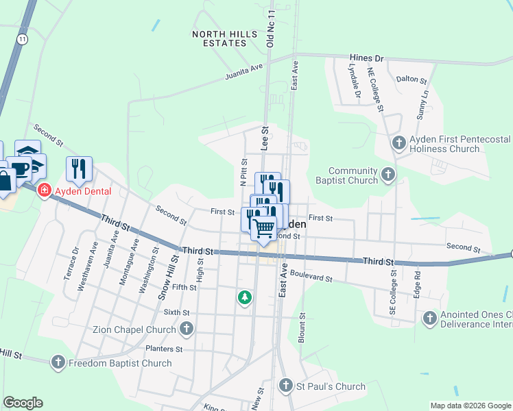 map of restaurants, bars, coffee shops, grocery stores, and more near 4196 South Lee Street in Ayden