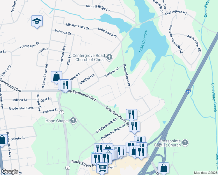 map of restaurants, bars, coffee shops, grocery stores, and more near 2428 Acadia Court in Kannapolis