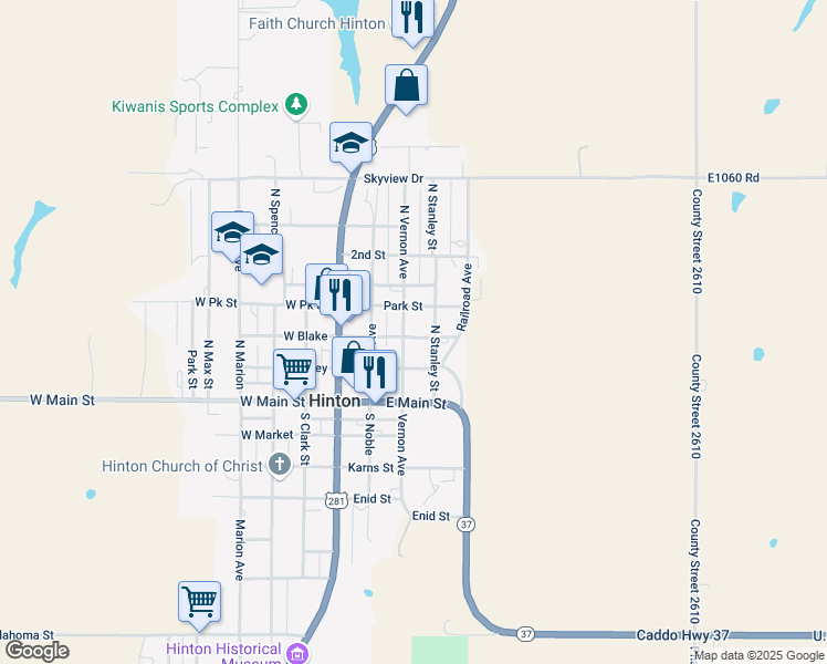 map of restaurants, bars, coffee shops, grocery stores, and more near 324 Blake Street in Hinton