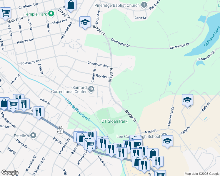 map of restaurants, bars, coffee shops, grocery stores, and more near 1151 Bragg Street in Sanford