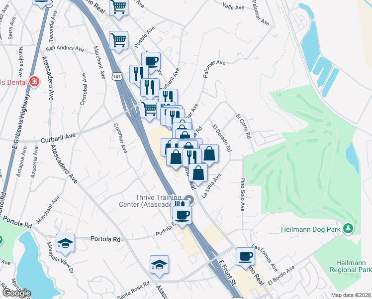 map of restaurants, bars, coffee shops, grocery stores, and more near 8501 El Camino Real in Atascadero