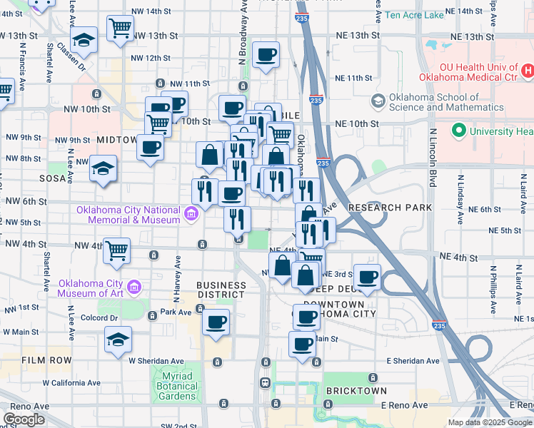 map of restaurants, bars, coffee shops, grocery stores, and more near 6 Northeast 6th Street in Oklahoma City