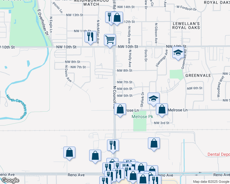 map of restaurants, bars, coffee shops, grocery stores, and more near 610 North Council Road in Oklahoma City