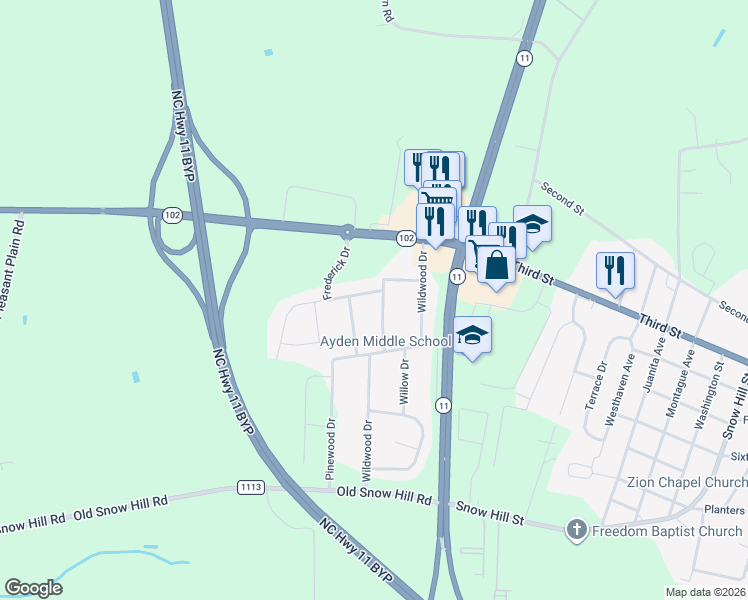 map of restaurants, bars, coffee shops, grocery stores, and more near 115 Gumberry Road in Ayden