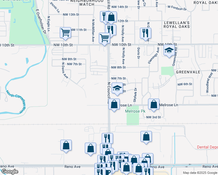 map of restaurants, bars, coffee shops, grocery stores, and more near 614 North Council Road in Oklahoma City