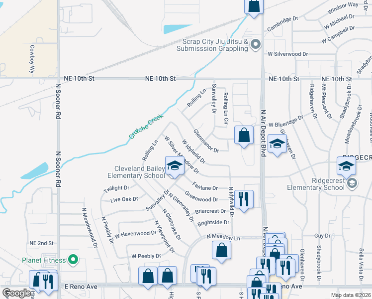 map of restaurants, bars, coffee shops, grocery stores, and more near 920 West Idylwild Drive in Midwest City